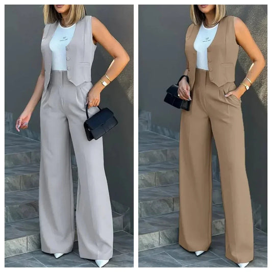 Stylish Women’s Commuting Vest and High-Waist Wide-Leg Pants Set (V-Neck, Sleeveless, Buttoned)