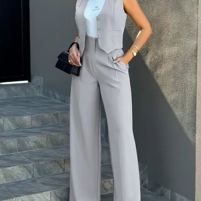 Stylish Women’s Commuting Vest and High-Waist Wide-Leg Pants Set (V-Neck, Sleeveless, Buttoned)