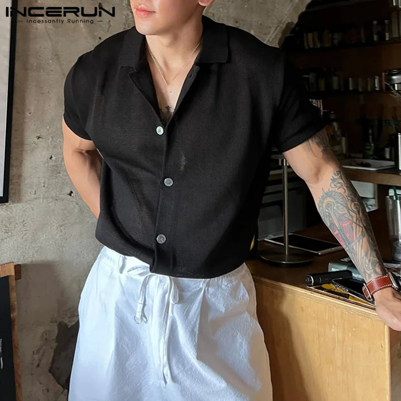 Men's Solid Color Knitted Lapel Shirt - Short Sleeve