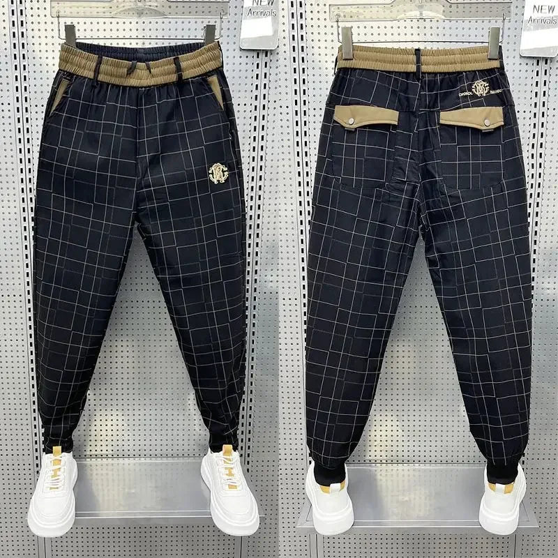 "Men's High-Quality Black Plaid Pencil Pants"