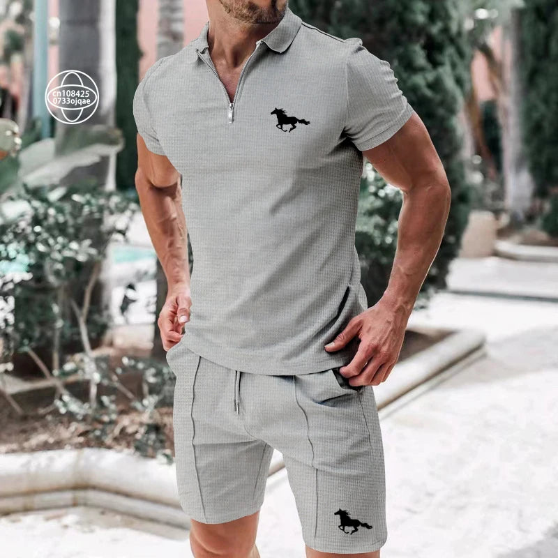 Summer Men's Printed Polo Shirt Two-Piece Set