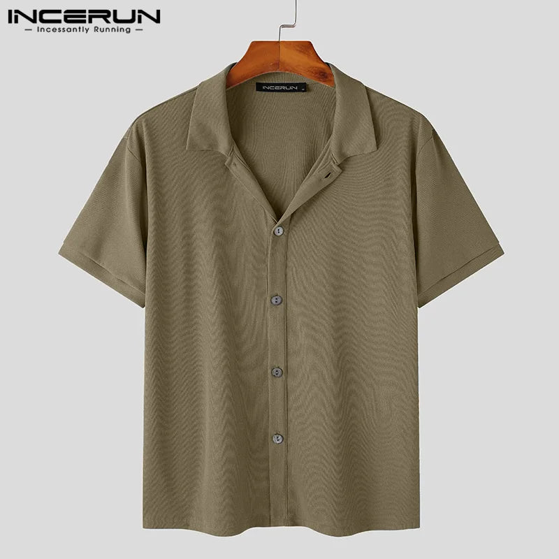 Men's Solid Color Knitted Lapel Shirt - Short Sleeve