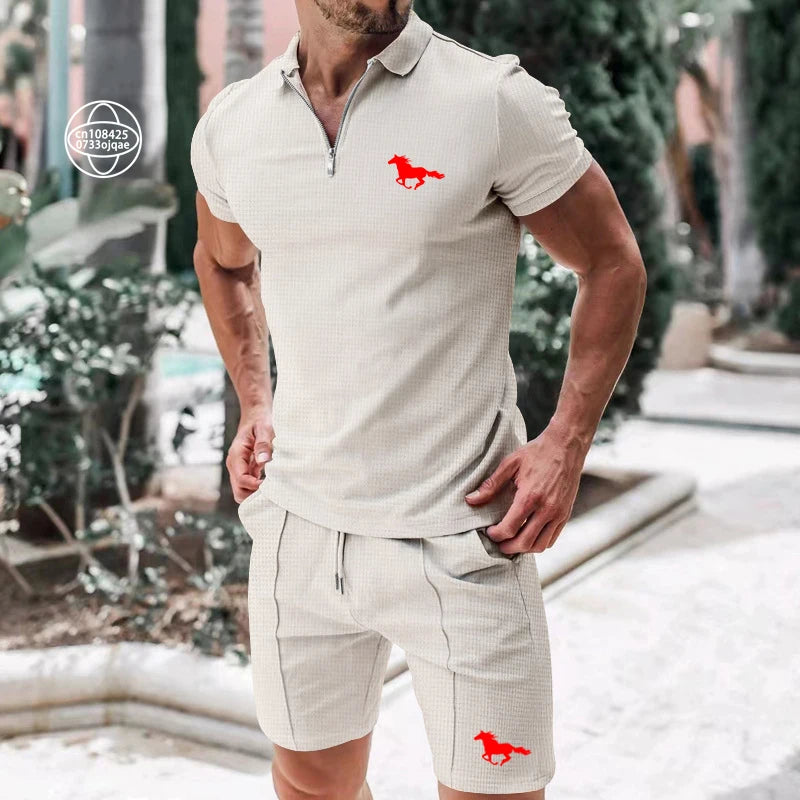 Summer Men's Printed Polo Shirt Two-Piece Set