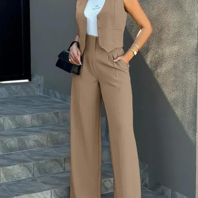 Stylish Women’s Commuting Vest and High-Waist Wide-Leg Pants Set (V-Neck, Sleeveless, Buttoned)