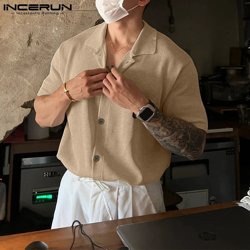 Men's Solid Color Knitted Lapel Shirt - Short Sleeve