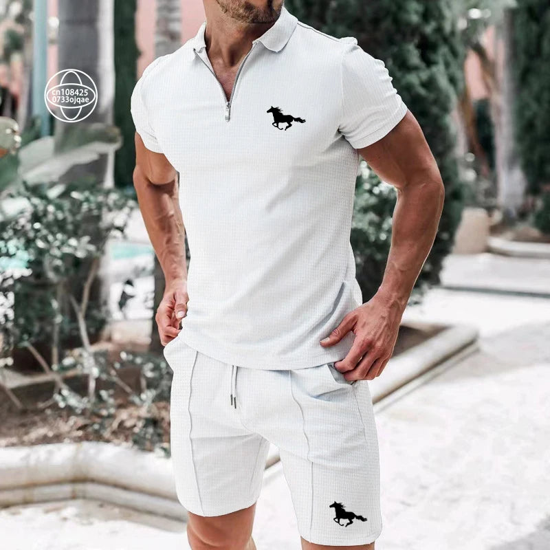 Summer Men's Printed Polo Shirt Two-Piece Set